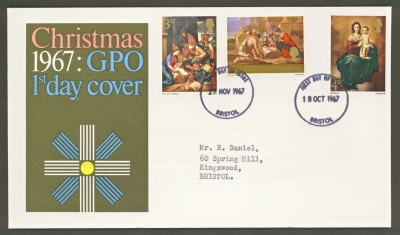 1967 Christmas on typed GPO cover Double Dated Bristol FDI