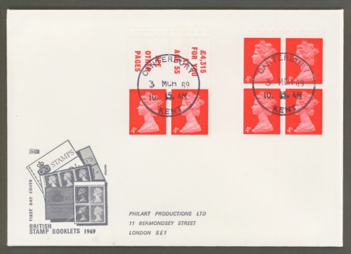 1969 3rd March 4d Vermilion Book Panes on Philart FDC