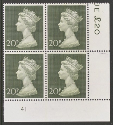 1970 20p Olive Green on Post Office paper Plate 41 An U/M Cylinder Block of 4