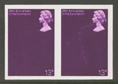 1978 13p Coronation SG 1062 variety Imperf and Missing Gold. An U/M pair one stamp with gum crease, as usual. Rare with only 30 pairs known.