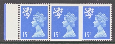 Scotland 1989 15p Bright Blue strip of 3 centre stamps imperf on 3 sides