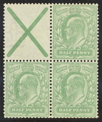 1902 1/2d Green variety with St Andrews Cross attached. SG 218a