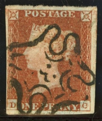 1841 1d Red cancelled by a 3 in Maltese cross SG 8M