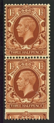 1934 1½d Brown SG 441 variety misperf. 1 extra long stamp + 1 normal