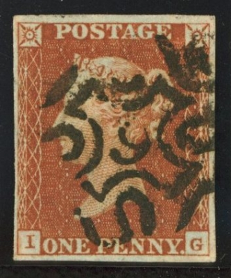1841 1d Red cancelled by a 9 in Maltese cross SG 8M