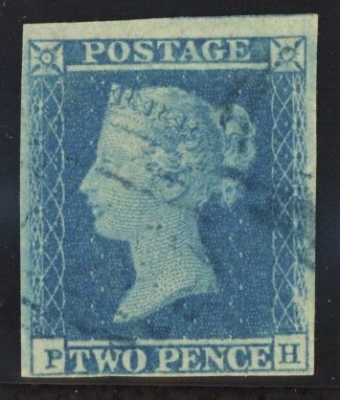 1841 2d Blue cancelled by a Blue numeral SG 14h