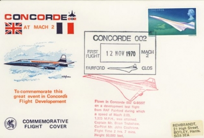1970 12th Nov Fairford-Glos Concorde test flight at Mach 2 on Wessex  Flown cover
