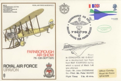 1970 7th Sep Farnborough Air Show - Concorde test flight from RAF Fairford with Black cachet 