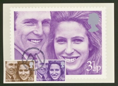 1973 Royal Wedding on Post Office PHQ card with Westminster Abbey FDI
