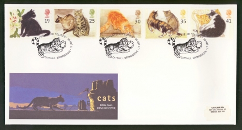 1995 Cats on Post Office cover with Catshill Bromsgrove FDI
