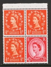 1958 ½d Orange x 3 se-tenant with 2½d Red x 1 CHALKY SG 57ka Upright