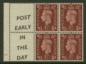 1937 1½d Brown x 4 + 2 printed labels SG  464b Upright