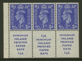 1950 1d Blue x 3 + 3 labels SG 504d  paper rate 17mm Upright 