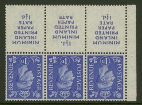 1950 1d Blue x 3 + 3 labels SG 504dw paper rate 15mm Inverted
