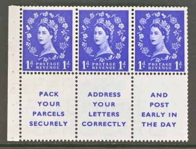 1952 1d Blue x 3 + 3 labels SG 516a  Pack Parcel Label Upright 