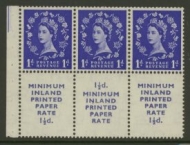 1952 1d Blue x 3 + 3 labels SG 516a  Paper Rate Label Upright 