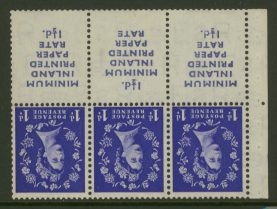 1952 1d Blue x 3 + 3 labels SG 516wi Paper Rate Label  Inverted 