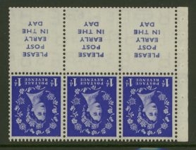 1952 1d Blue x 3 + 3 labels SG 516wi Post Early Label Inverted