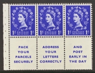 1955 1d Blue x 3 + 3 labels SG 541a  Pack your Parcels Upright 