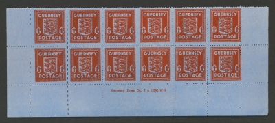 Guernsey 1941 1d Scarlet on Blued paper SG 5 A fresh U/M Imprint block of 12