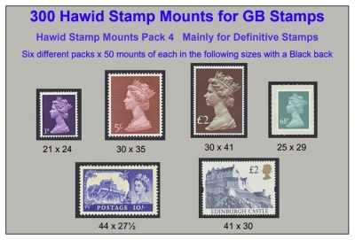 GB Hawid stamp mounts Pack 4 (6 Different packs of 50)  300 Mounts SAVE 40%