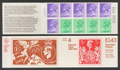£1.43 Dulac Cyl Booklet with transposed phosphor bands.  12½p 2 Bands 15½p Side Band